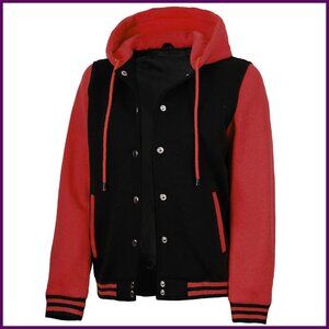 Women's Hooded Varsity Bomber Jacket Fleece Lined Casual Outerwear